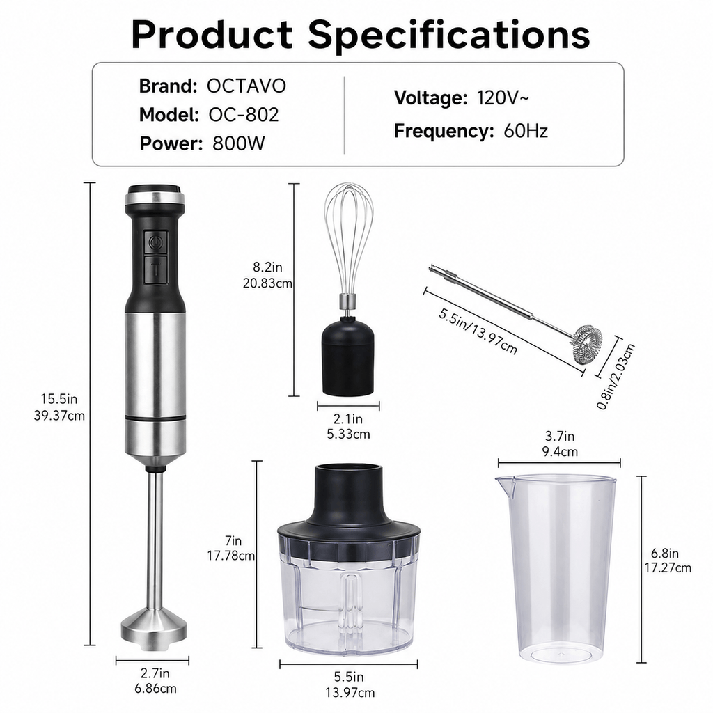 Hand Blender 800W 5-in-1 with 12-Speed Control & Turbo, Stainless Steel Shaft, Food Chopper, Whisk & Milk Frother for Soup, Smoothies and Baby Food