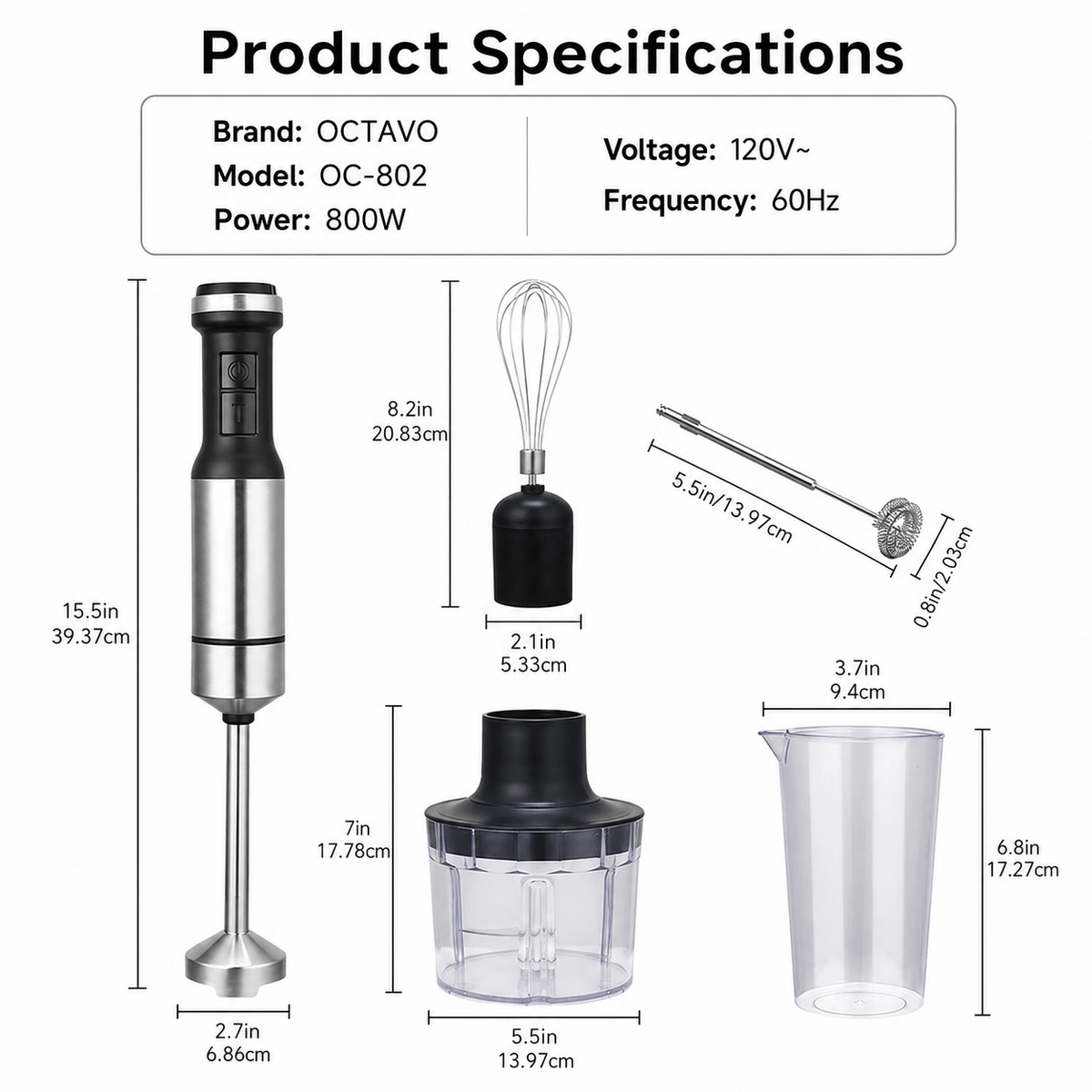 Hand Blender 800W 5-in-1 with 12-Speed Control & Turbo, Stainless Steel Shaft, Food Chopper, Whisk & Milk Frother for Soup, Smoothies and Baby Food