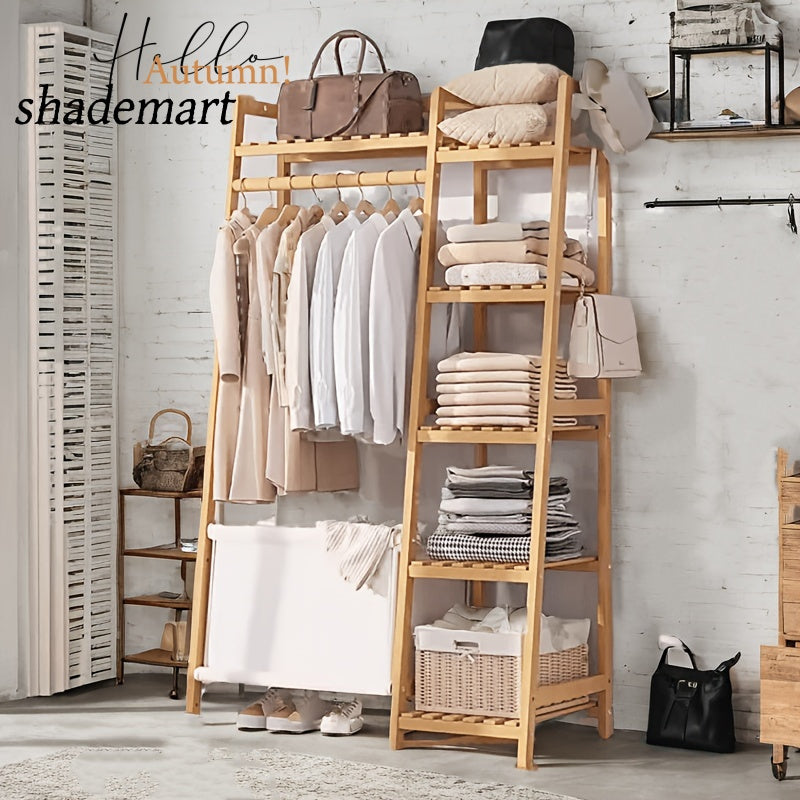 Bamboo Garment Rack with Adjustable Shelves, Five Side Storage Racks and Hat Hooks for Bedroom Organization, Brown or Nature with Four Size and Bag Option Labels