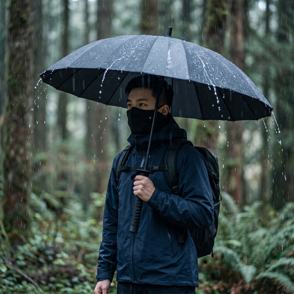 Samurai Umbrella in Black with Automatic Open and Close, Listed 24-Rib Steel Frame and Sword-Themed Styling for Rainy Days, Cosplay Outfits and Anime Fan Gifts