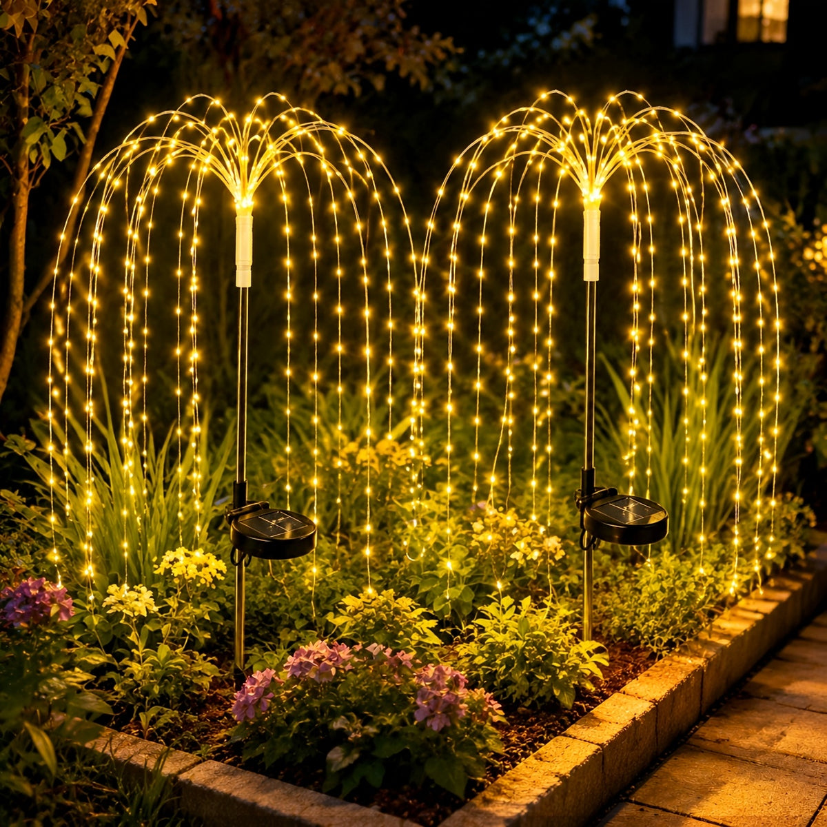 Solar Willow Branch Lights, 2-Piece LED Garden Decor with 100 LEDs and 8 Twinkling Modes for Patios, Courtyards, Pathways, Weddings and Holiday Displays