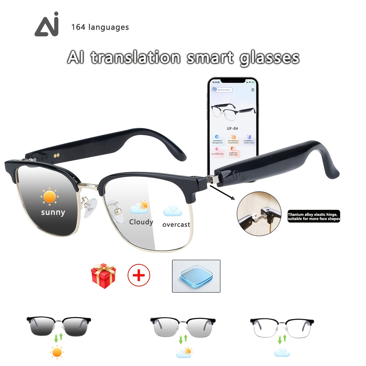160 Language Translation Smart Glasses, AI Audio Glasses with ChatGPT, HD Calls & HiFi Music, Built-in Mic & Speaker, Photochromic Lenses, Real-Time Translator Eyewear for Travel, Meetings, Men & Women