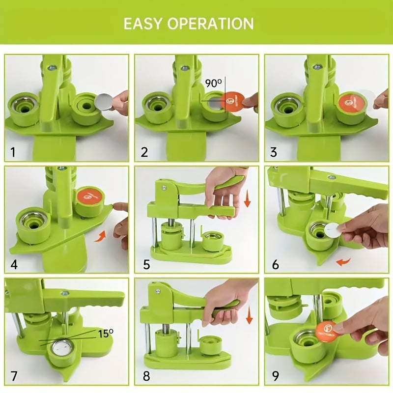 Green Button Maker Press with Listed 58mm Badge Size, Installation-Free Design, 100pcs Button Parts, Pictures, Circle Cutter and Magic Book for DIY Pin Projects