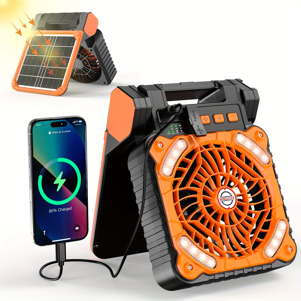 Solar Panel Camping Fan with LED Light, Listed 7800mAh Rechargeable Battery, USB Charging and Timer, Portable 2-in-1 Design in Orange or Green