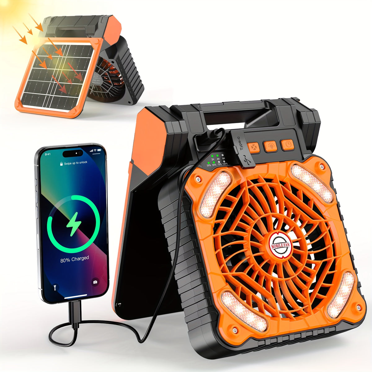 Solar Panel Camping Fan with LED Light, Listed 7800mAh Rechargeable Battery, USB Charging and Timer, Portable 2-in-1 Design in Orange or Green