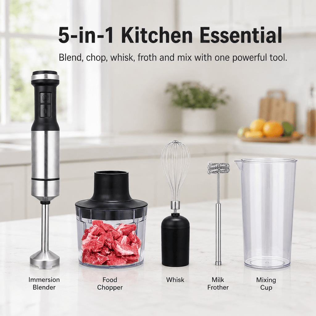 Hand Blender 800W 5-in-1 with 12-Speed Control & Turbo, Stainless Steel Shaft, Food Chopper, Whisk & Milk Frother for Soup, Smoothies and Baby Food