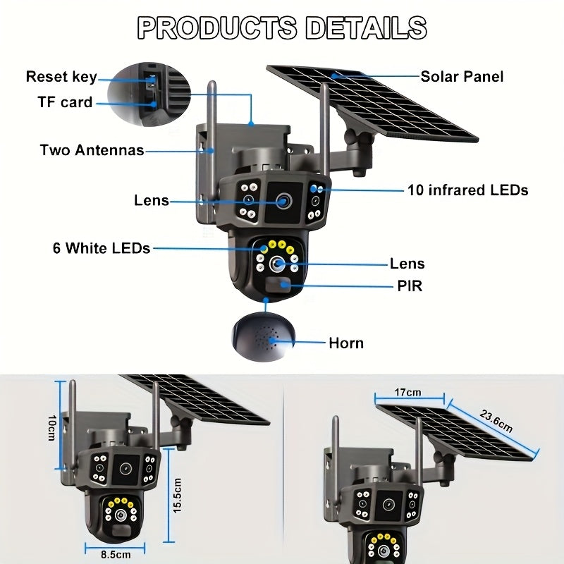 355° PTZ Outdoor Security Camera with 2.4GHz WiFi, Color Night Vision, PIR Sensor, Auto Tracking and Two-Way Audio, Solar and 4K-Labeled Options