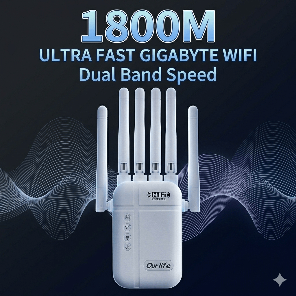 Six Antenna WiFi Repeater with Ethernet Port and One-Click Setup, Listed 1800Mbps Advanced Signal Booster for Compatible Home Wireless Network Extension