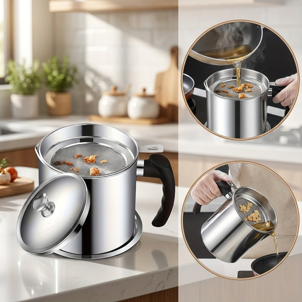 Kitchen Grease Container with Strainer and Easy-Pour Handle, Silvery Oil Storage Can with Listed Stainless Steel Design for Everyday Cooking Cleanup