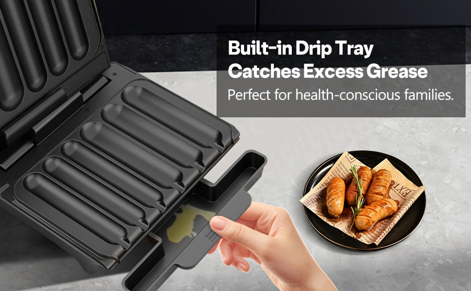 Six-Slot Electric Hot Dog Maker, Nonstick Sausage Grill with Grease Drip Tray, Power and Ready Indicator Lights, Cord Storage for Breakfasts and Snacks