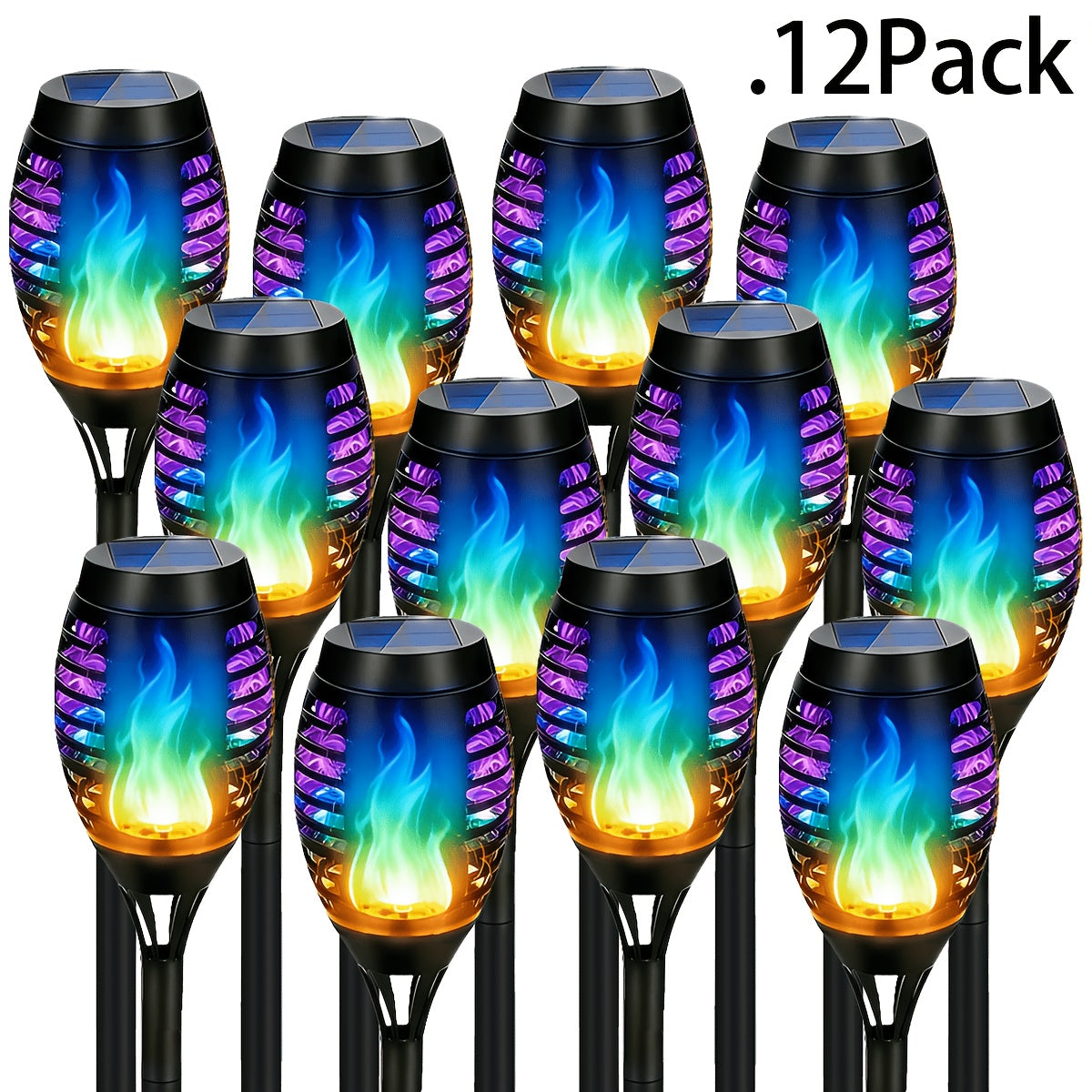 Solar Torch Lights with Flickering Flame Effect, 8 or 12 Pack Ground-Mounted Decorative Garden Lamps with Color Options for Outdoor Parties and Halloween Displays