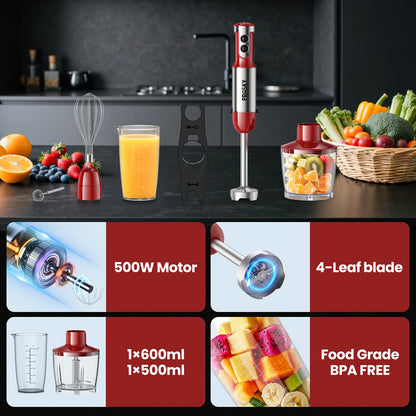 Immersion Blender Set with 5-in-1 Handheld Design, Whisk, Measuring Cups and Meat Chopper Attachments for Everyday Kitchen Prep in Red or Black