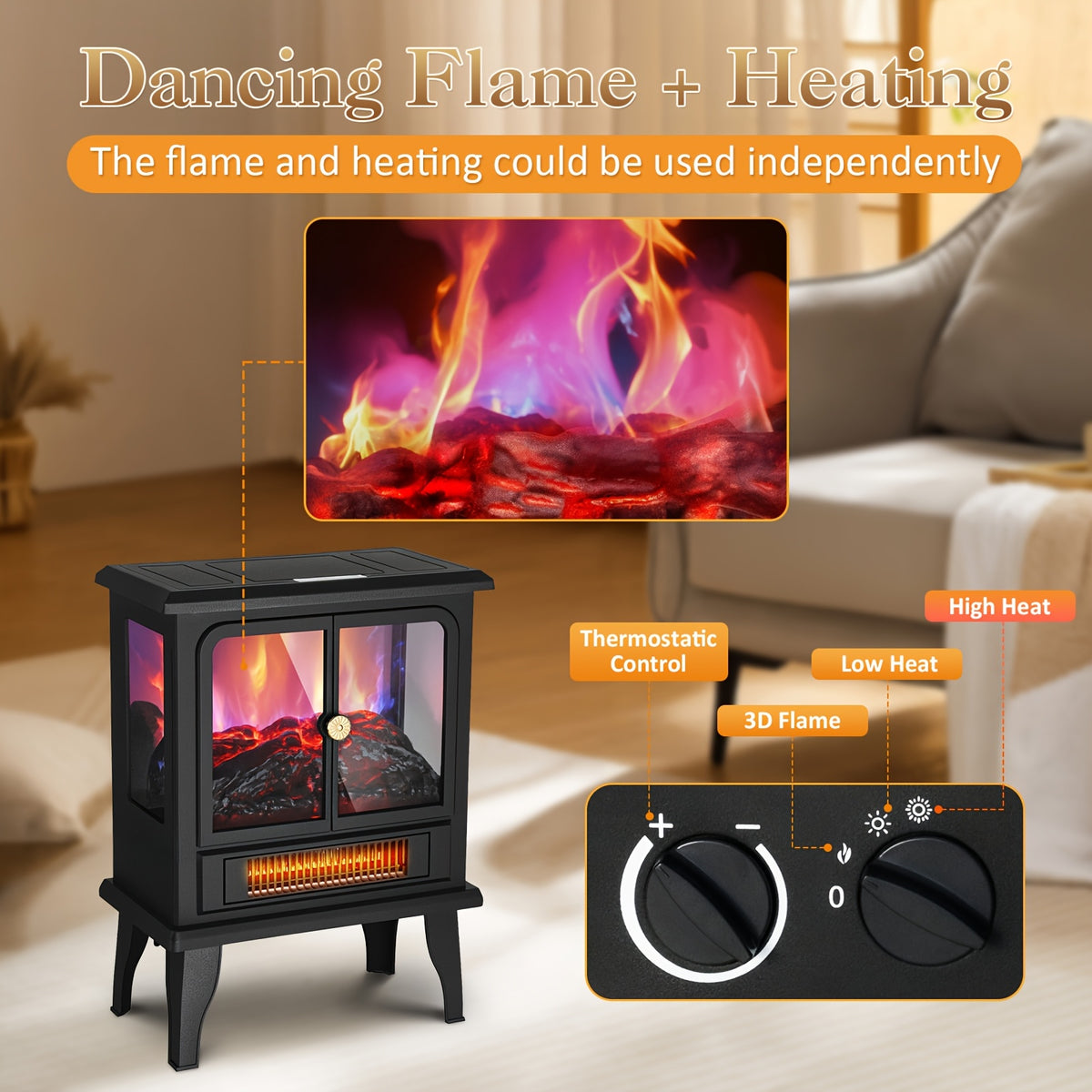 Freestanding Electric Fireplace Heater, 1500W Infrared Space Heater with 3D Flame Effect and Listed Overheat Protection for Indoor Office Warmth