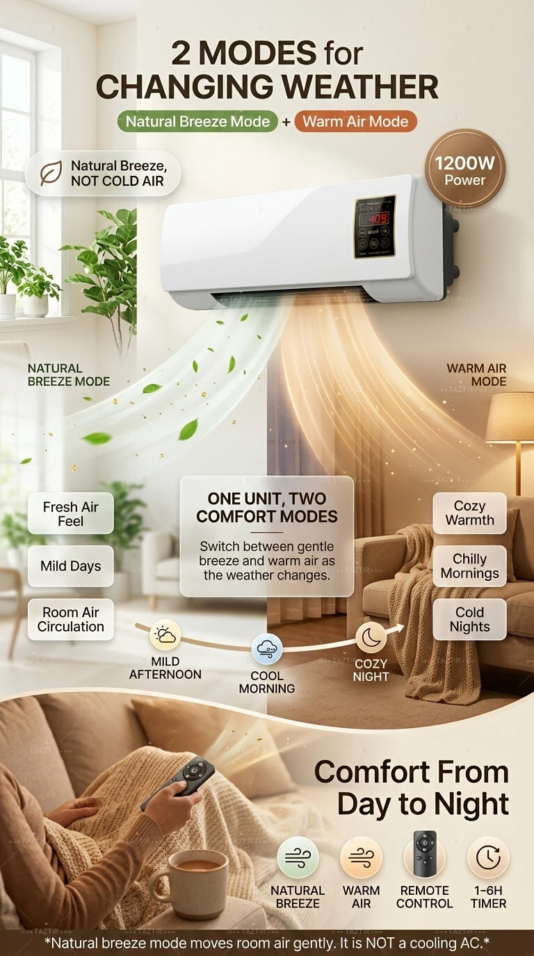 1200W Wall-Mounted Ceramic Heater in White, PTC Heating Design with Remote Control and Timer, Listed Dual-Mode Model for Space-Conscious Home Installation