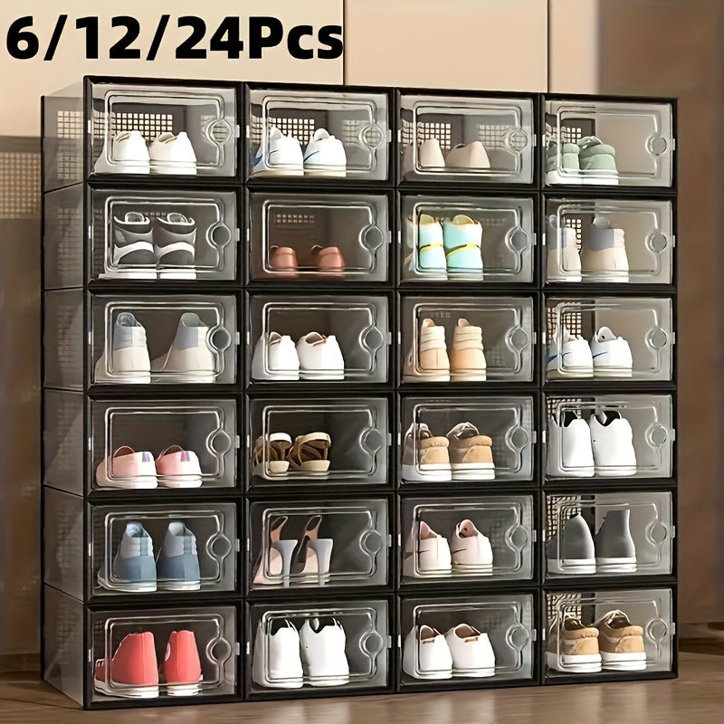 Clear Stackable Sneaker Boxes with Lids, Modular Plastic Shoe Storage Containers in Black or White and 6, 12 or 24 Pack Options for Closet Organization