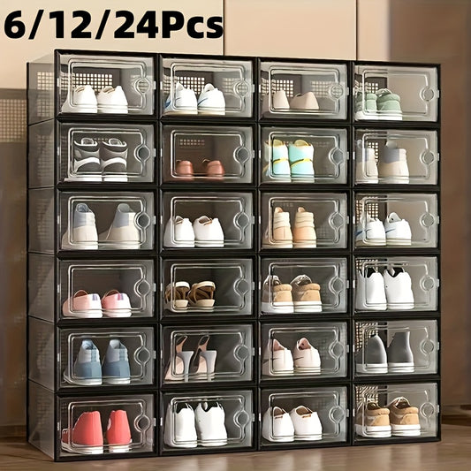 Clear Stackable Sneaker Boxes with Lids, Modular Plastic Shoe Storage Containers in Black or White and 6, 12 or 24 Pack Options for Closet Organization
