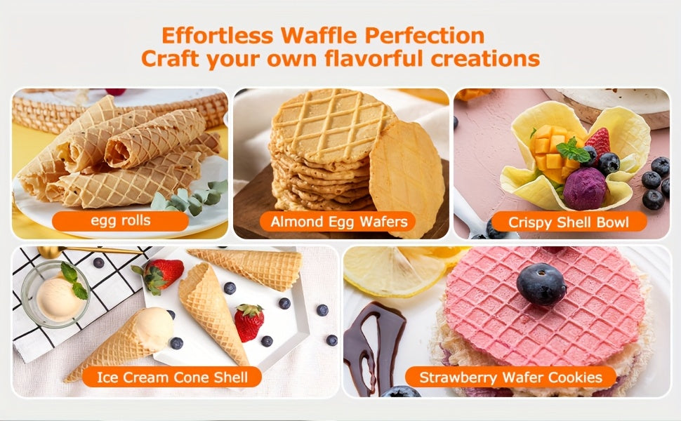 Ice Cream Waffle Cone Maker 6.8-Inch, Electric Nonstick Waffler Iron with Overheat Protection for Homemade Ice Cream Cones, Dessert Bowls and Parent-Child Baking Activities, Kitchen Appliance for Kids and Family