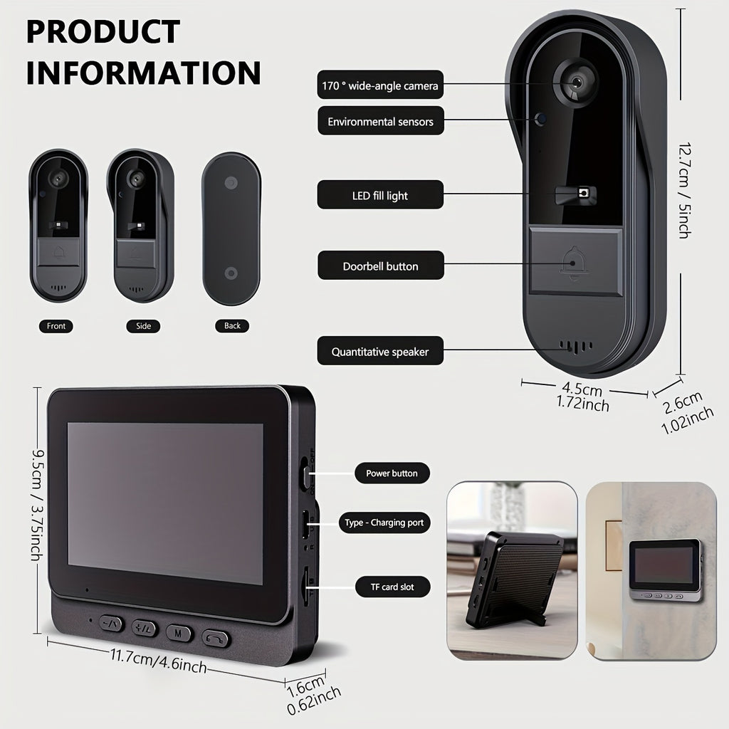 Indoor Monitor Video Doorbell with Listed 4.3-Inch Screen, Two-Way Talk and Infrared Night Vision, Black Wireless SD Card Options and Separate WiFi Style