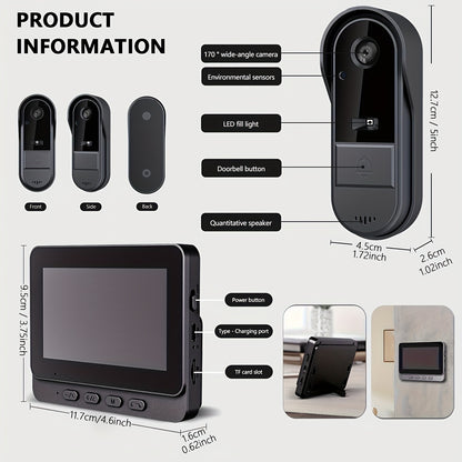 Indoor Monitor Video Doorbell with Listed 4.3-Inch Screen, Two-Way Talk and Infrared Night Vision, Black Wireless SD Card Options and Separate WiFi Style