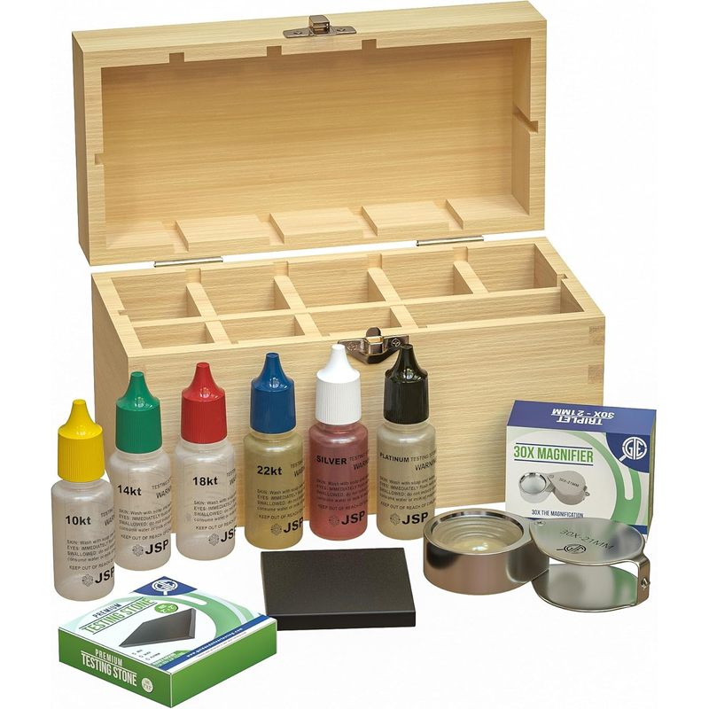 Precious Metal Testing Kit with Bamboo Storage Box, Listed Gold and Silver Solutions, 2-Inch Scratch Stone and 30X Loupe Reference for Experienced Adult Jewelry Evaluation