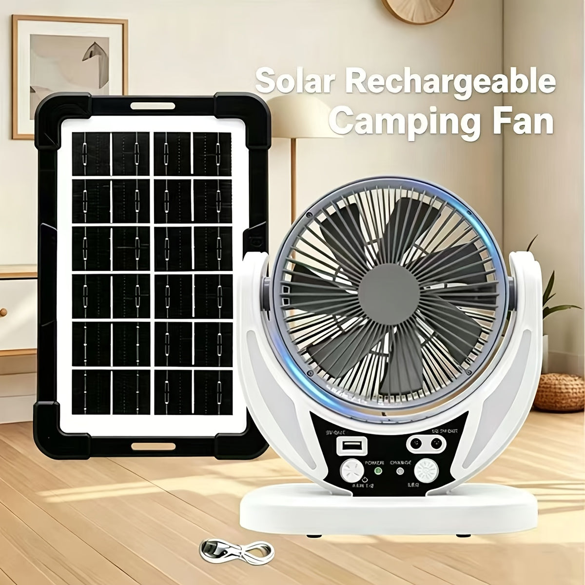 Solar and USB Charging Camping Fan with Adjustable Wind Speed and Angle, Single Portable Fan with Listed Mobile Phone Charging for Travel and Backup Use