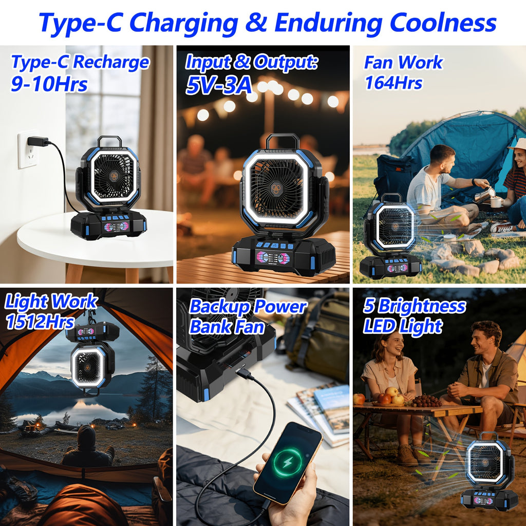 Remote-Control Portable Fan and LED Lamp with Listed 40000mAh Battery, Four Speeds, Five Brightness Levels and Type-C Charging for Camping and Home Airflow