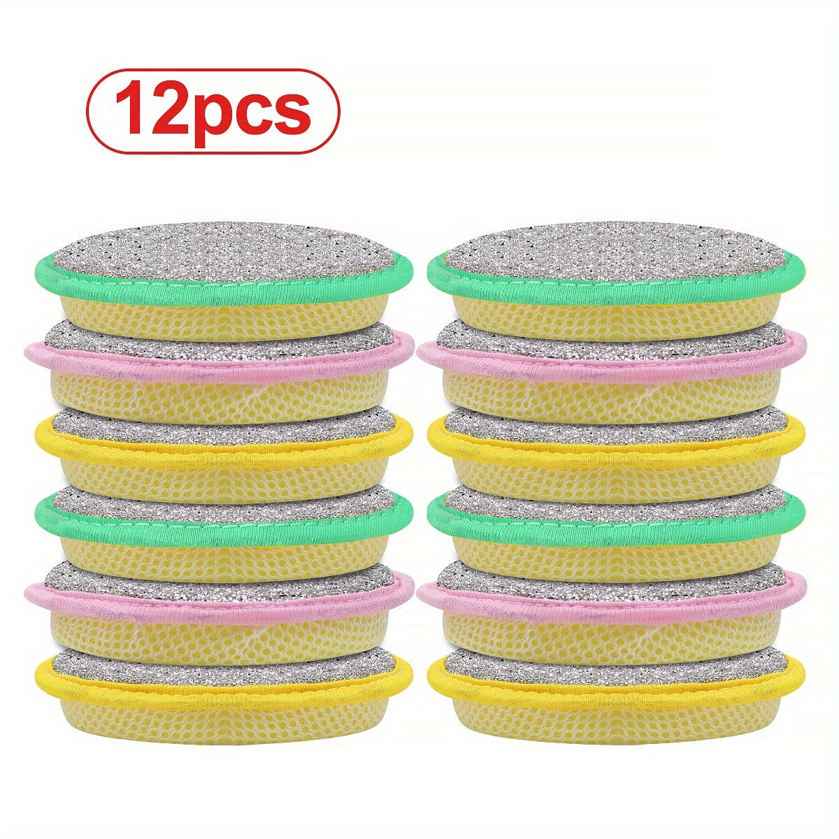 Round Double-Sided Dishwashing Sponges in 6 or 12-Piece Random Color Packs, Polyester Fiber Kitchen Cleaning Pads for Compatible Pots, Dishes and Everyday Washing