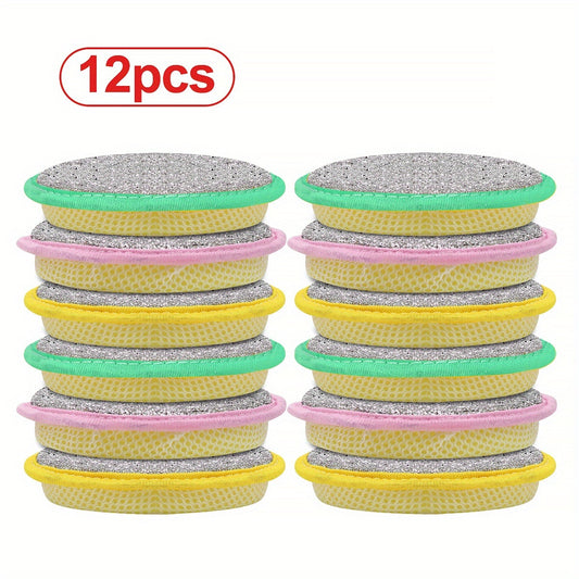 Round Double-Sided Dishwashing Sponges in 6 or 12-Piece Random Color Packs, Polyester Fiber Kitchen Cleaning Pads for Compatible Pots, Dishes and Everyday Washing