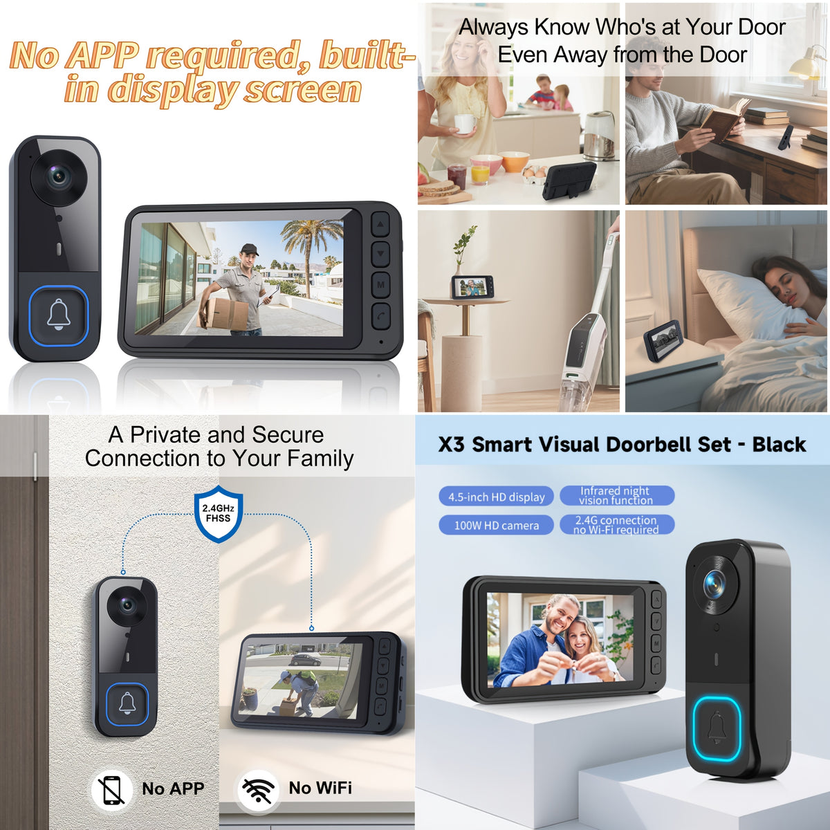 Video Doorbell X6 or X3 Black for Home Entry Visitor Viewing with Listed Two-Way Audio, Infrared Night Vision and Automatic Ring-Triggered Capture