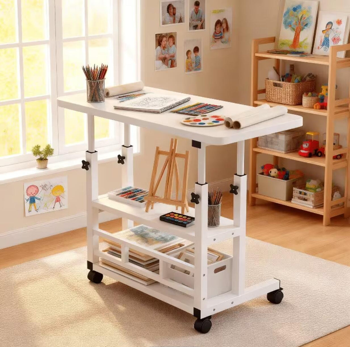 Height Adjustable Craft Table with Double Storage Shelves and Four 360-Degree Wheels, Rolling Sewing and Knitting Organizer for Bedrooms and Living Rooms