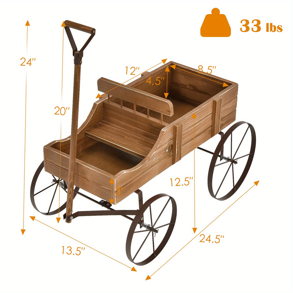 Wooden Planter Cart with Two Planting Boxes, Four Iron Wheels and Pull Handle, Painted Fir Wood Garden Flower Stand with 33lb Listed Load Limit in Five Colors
