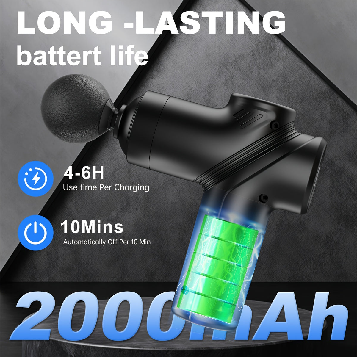 Handheld Massage Gun by LEERCON with Four Massage Heads and Six Adjustable Speeds, Portable Personal-Care Massager in Grey or Blue for Home Massage Routines