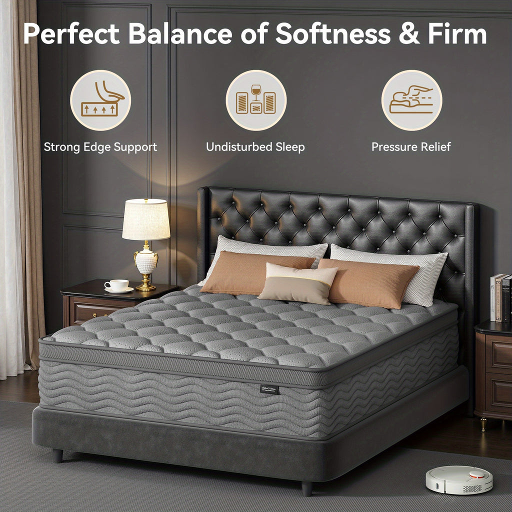 Grey Quilted Hybrid Mattress with Listed Medium Firm Feel and Pocket Springs, 8, 10 or 12 Inch Model Options in Twin, Full, Queen and King Labels for Bedrooms