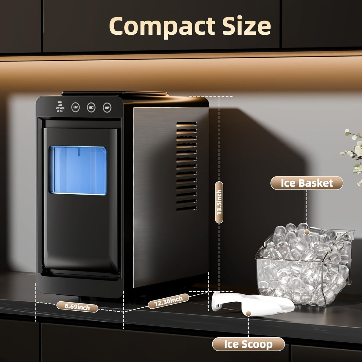 Selectable-Size Countertop Ice Maker with 26lb Daily Output Reference, Self-Cleaning Function, Interior Light, Basket and Scoop in White, Grey or Black-1