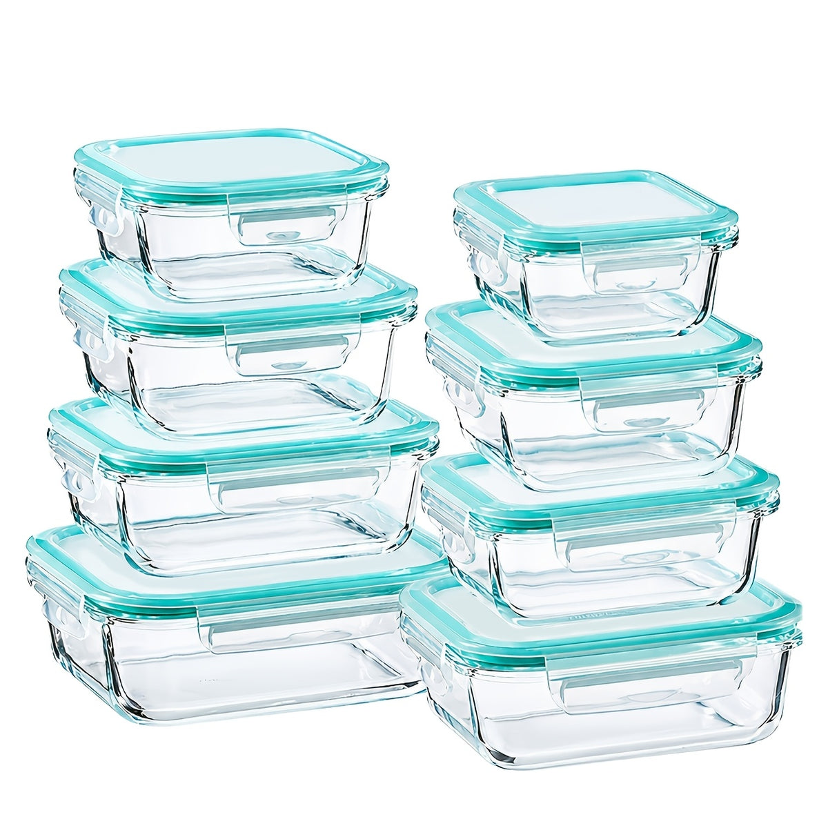 Glass Meal Prep Containers with Four-Lock Lids and Removable Silicone Seals, Listed 16-Piece Set of 8 Boxes and 8 Lids for Lunch Portions and Leftover Storage