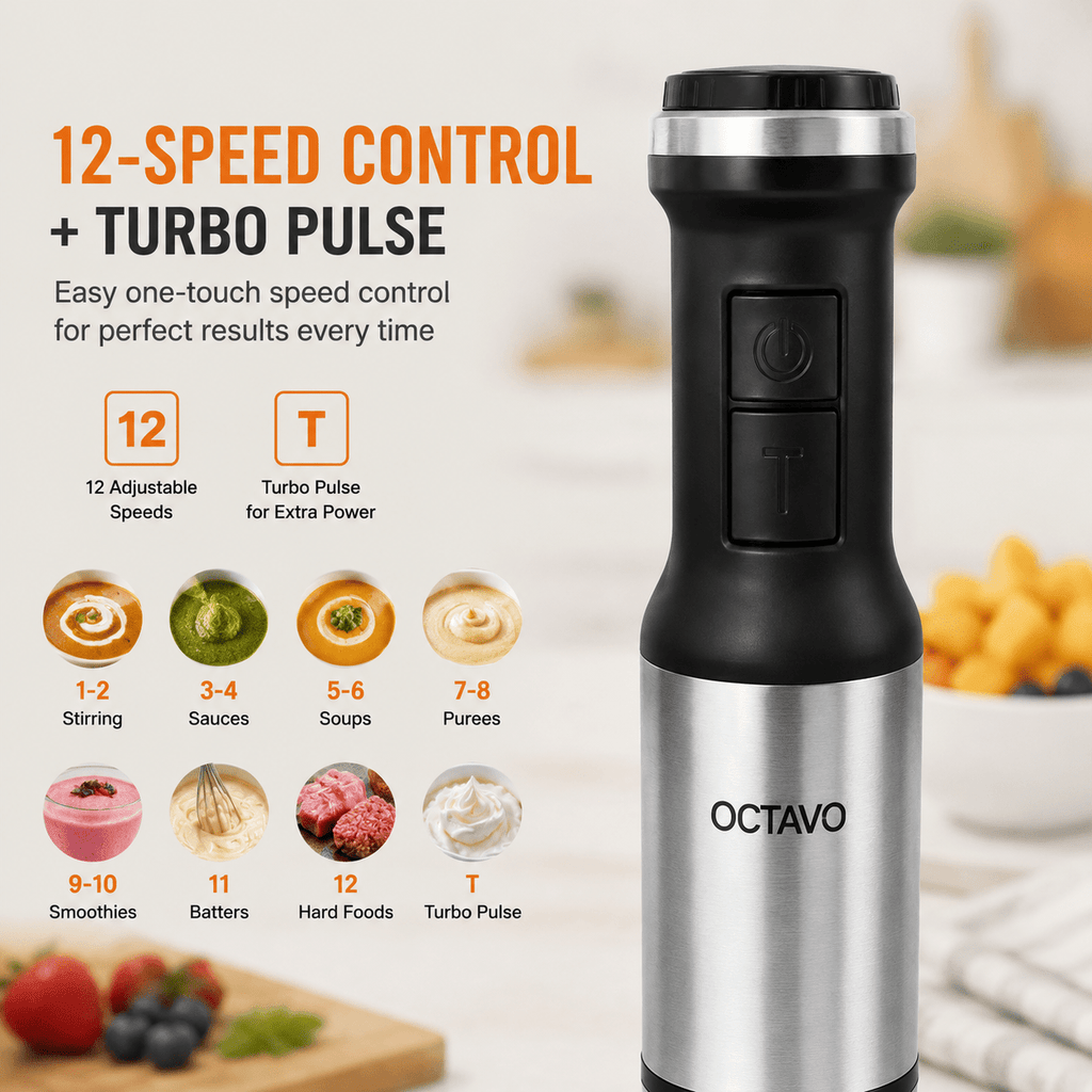 Hand Blender 800W 5-in-1 with 12-Speed Control & Turbo, Stainless Steel Shaft, Food Chopper, Whisk & Milk Frother for Soup, Smoothies and Baby Food