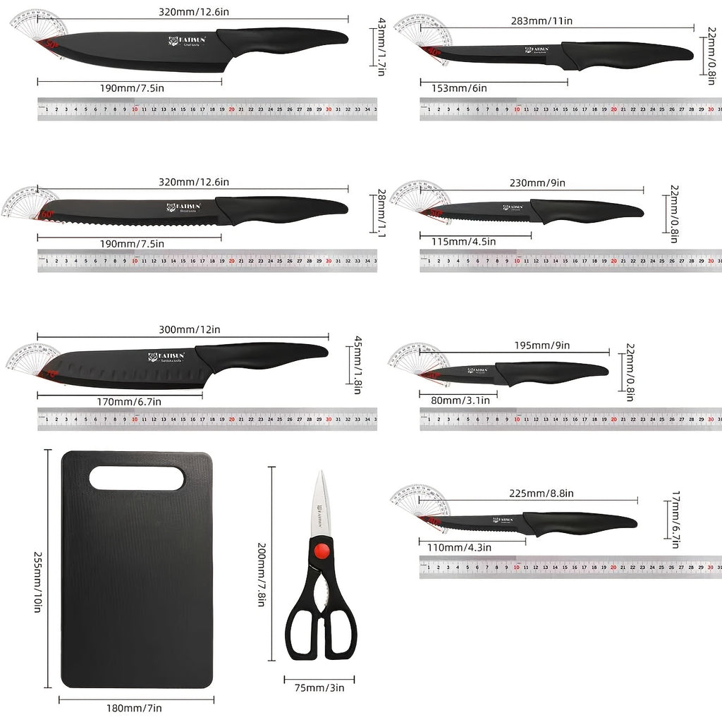 Black Knife and Cutting Board Set, Listed 15-Piece HM2205T-15 Kitchen Collection with Wooden Storage Block, Chef's Knife and Shears for Home Meal Prep