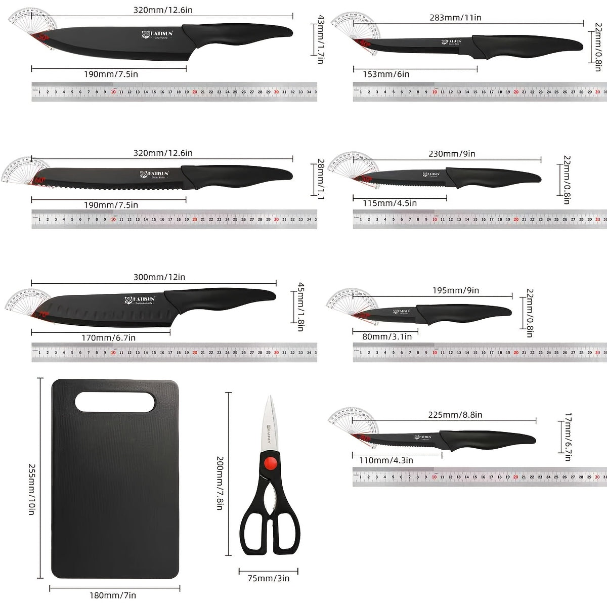 Black Knife and Cutting Board Set, Listed 15-Piece HM2205T-15 Kitchen Collection with Wooden Storage Block, Chef's Knife and Shears for Home Meal Prep