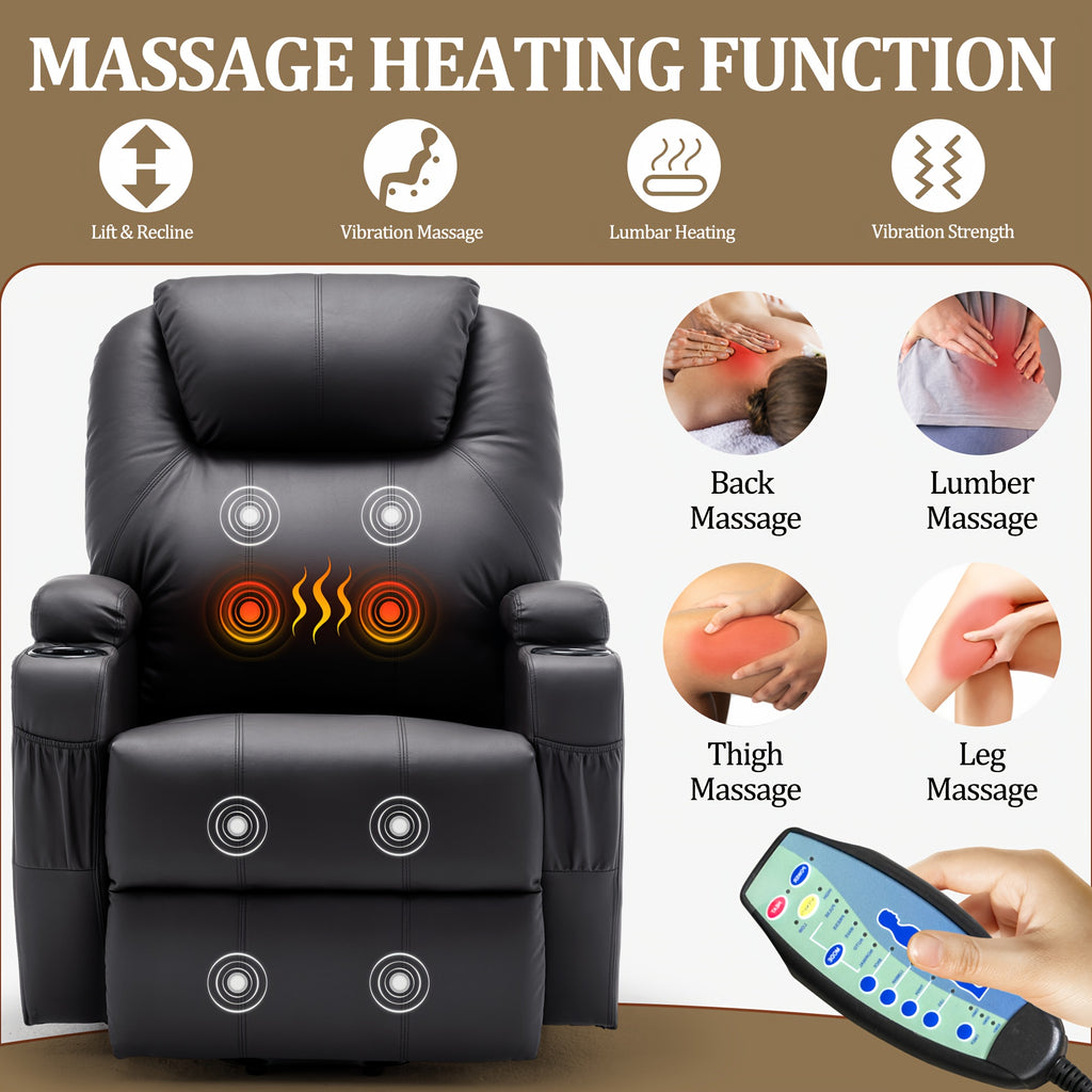 Power Lift Recliner Chair with Massage and Heating Functions, Remote Control and Cup Holder for Home Relaxation, Color and Upholstery Label Options