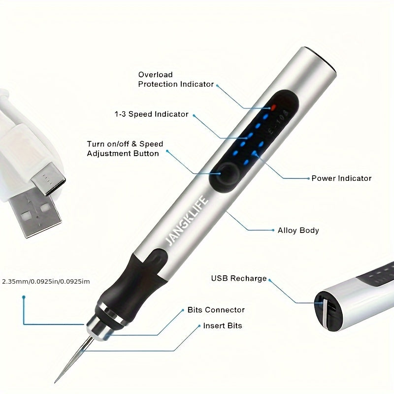 Cordless Rotary Engraving Pen with Adjustable Speed, Rechargeable Battery and 2.35mm Chuck, Silvery Compact Tool for Small Wood Crafts, Sanding and Polishing
