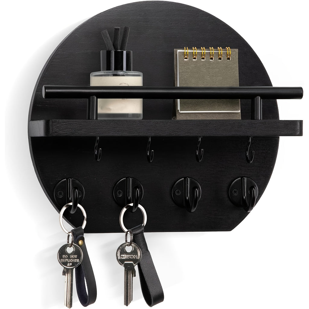 Key Holder with Shelf and Eight Hooks, Round Wooden Wall-Mounted Entryway Organizer in Brown or Natural for Hallway Keys and Everyday Small Accessories