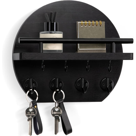 Key Holder with Shelf and Eight Hooks, Round Wooden Wall-Mounted Entryway Organizer in Brown or Natural for Hallway Keys and Everyday Small Accessories