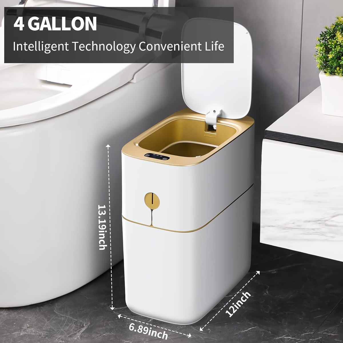 Golden-Accent Sensor Trash Bin with Listed 4-Gallon Capacity and Automatic Lid, One- or Two-Piece Options for Bathroom, Bedroom and Office Waste Storage, Batteries Excluded