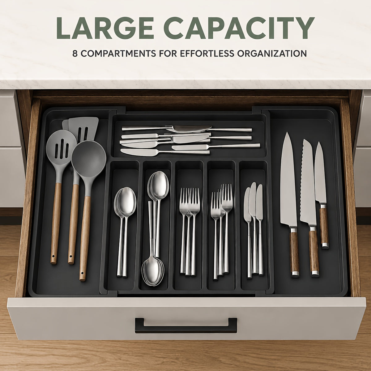 Expandable Silverware Drawer Organizer, BPA-Free Adjustable Plastic Cutlery Tray in Black or White for Kitchen Spoon, Fork and Knife Storage