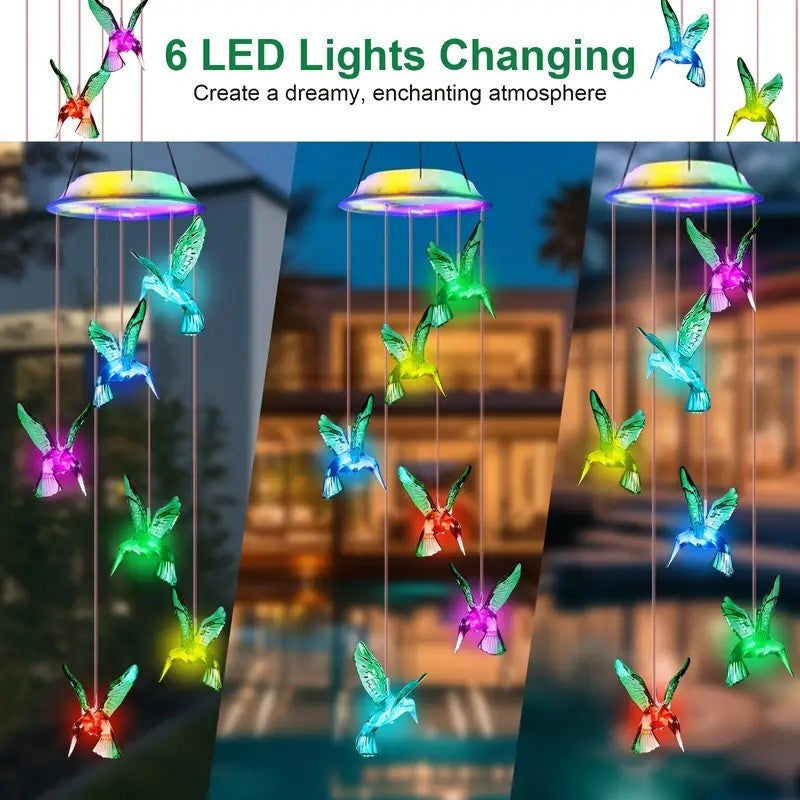 Solar Hummingbird Wind Chime Lights with Color-Changing Illumination, Single or Two-Pack Decorative Options for Garden, Balcony and Courtyard Accent Displays