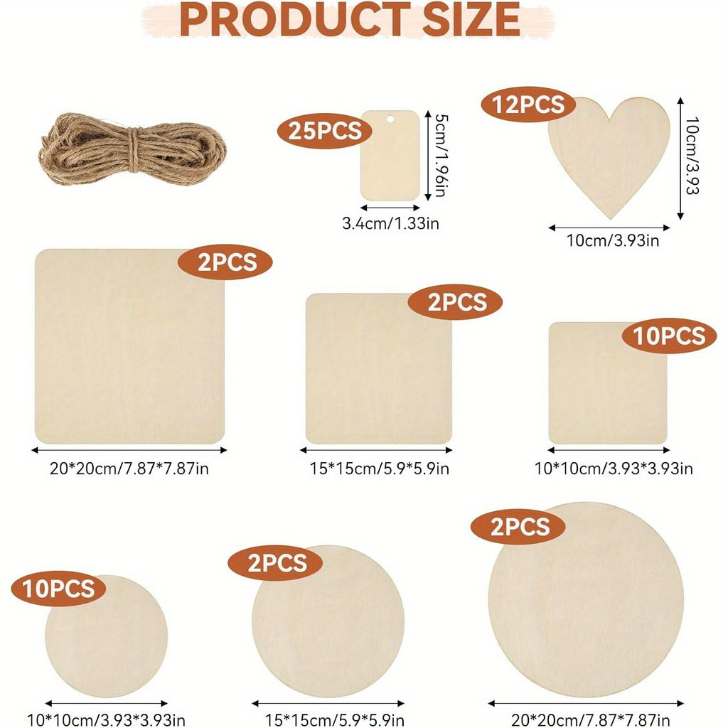 Wooden Craft Blanks in Round, Square and Heart Shapes, 130pcs or 65pcs with Twine Options for DIY Painting, Personalized Gift Accents and Wedding Decor