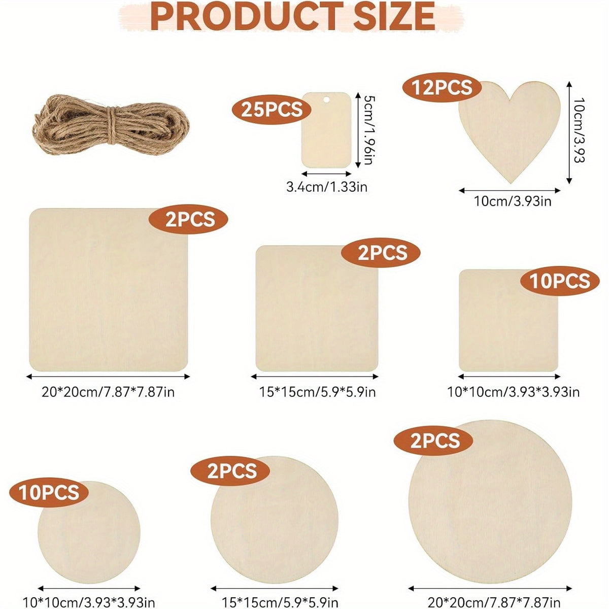 Wooden Craft Blanks in Round, Square and Heart Shapes, 130pcs or 65pcs with Twine Options for DIY Painting, Personalized Gift Accents and Wedding Decor