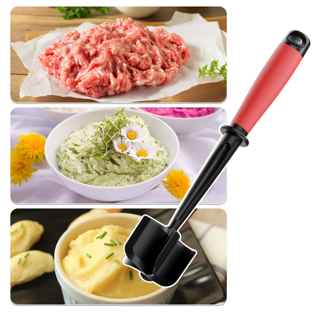 Five-Curved-Blade Ground Beef Chopper, Manual Hamburger Meat Masher and Mixing Utensil in Blue Black, Reddish Black or Black for Home Kitchen Meal Preparation