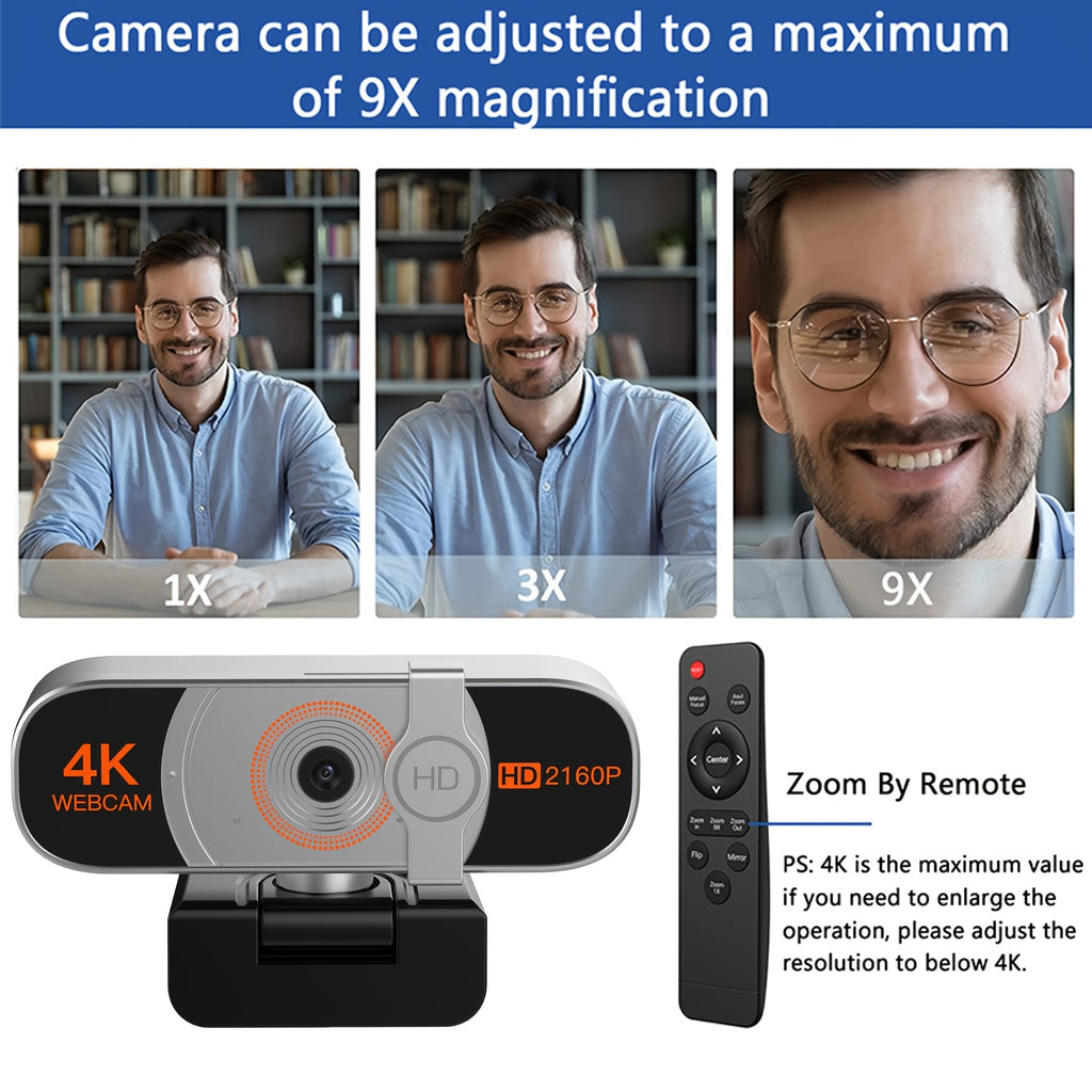 4K Webcam for PC in Silvery with Listed Auto-Zoom, Remote Control, Privacy Cover, White Balance and Microphone for Laptop and Desktop Video Calls and Conferencing