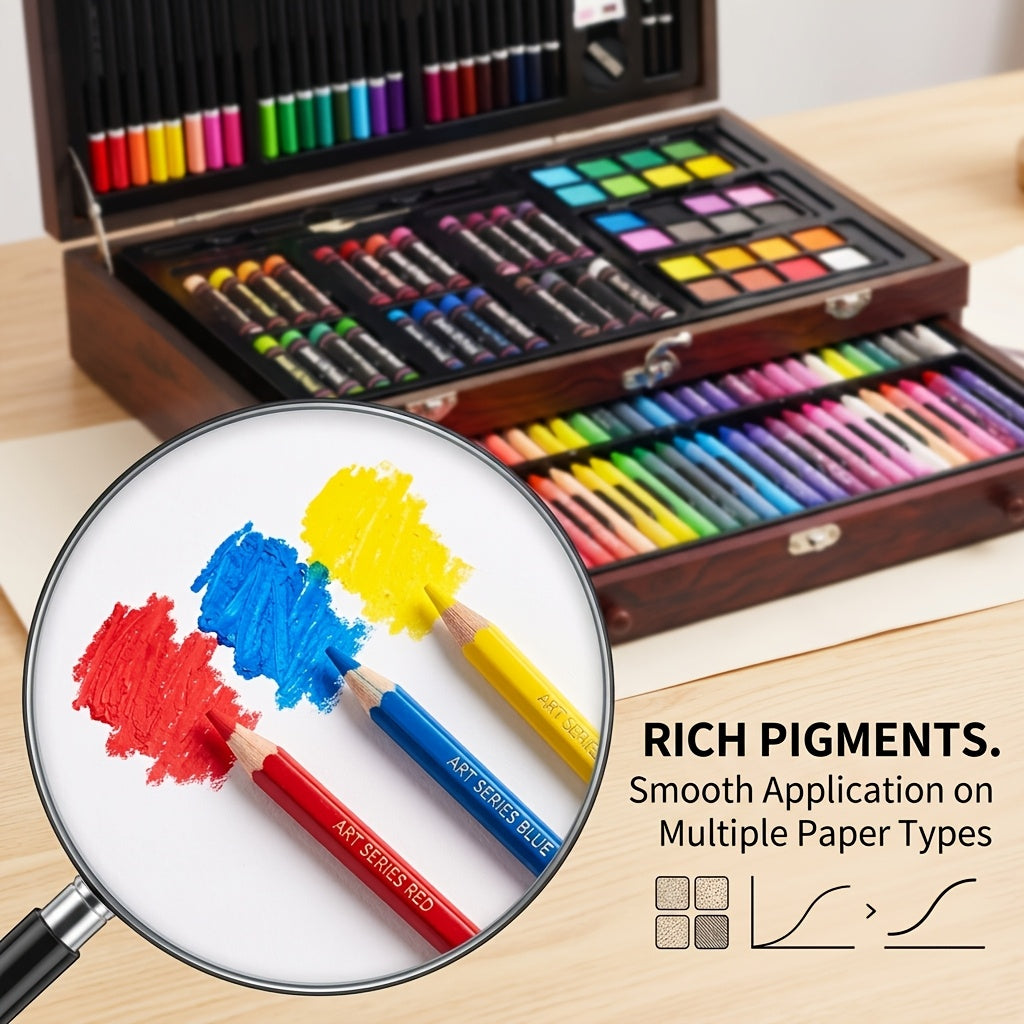 Wooden Case Art Set, 145-Piece Three-Layer Selection with Crayon, Oil Pastel, Watercolor Cake and Colored Pencil References for Drawing and Painting